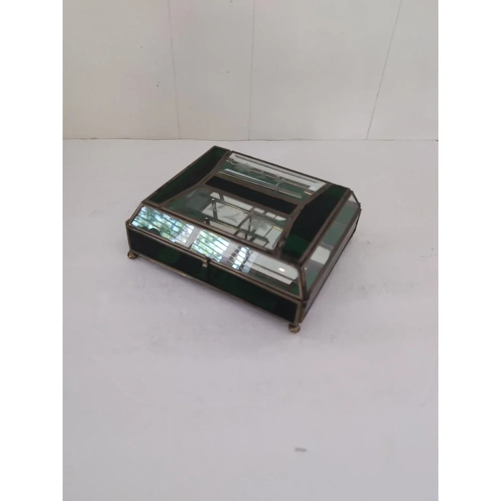Jewelry Box Etched Floral Stained Glass Green Clear Vintage Glass Trinket FLAW - Picture 2 of 16